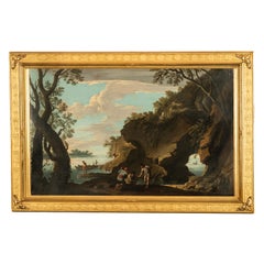 Italian 17th Century Baroque Oil on Canvas Painting Coastal Landscape Fishermen