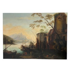Large 17th Century Italian Oil on Canvas Ships Sea Painting "Marina delle torri"