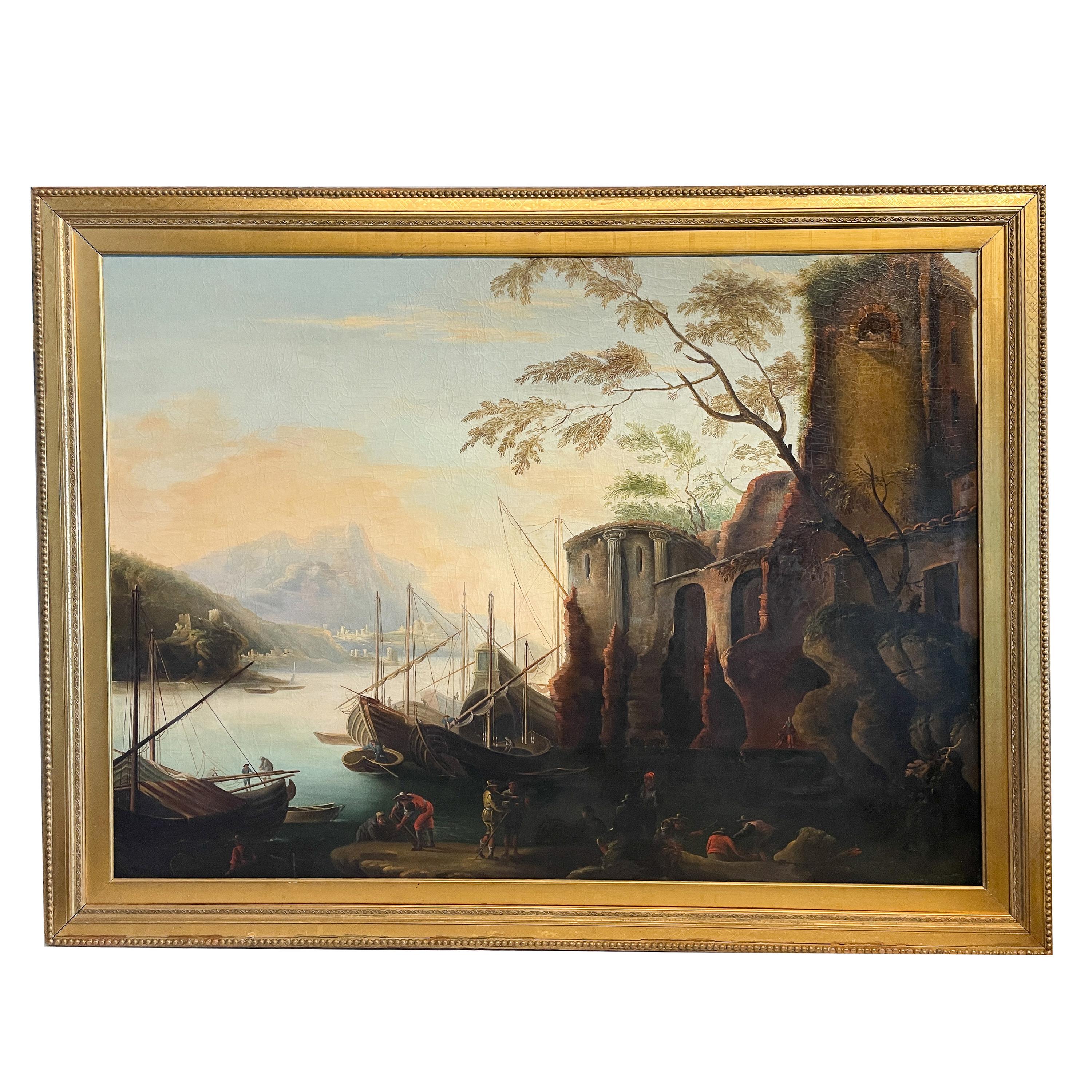 Salvator Rosa Landscape Painting – Große 17. Jahrhundert Italienisch Öl auf Leinwand Schiffe Meer Gemälde "Marina delle torri"