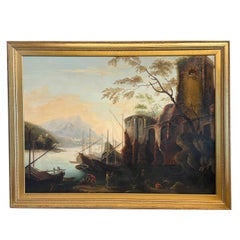Antique Large 17th Century Italian Oil on Canvas Ships Sea Painting "Marina delle torri"