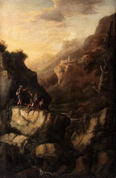 Mountainous landscape with a rugged rock with ancient build and figures