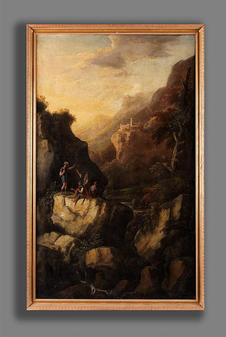 Salvator Rosa Landscape Painting - Mountainous landscape with a rugged rock with ancient build and figures
