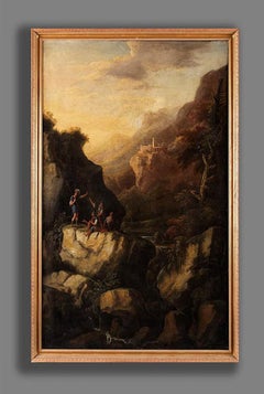 Mountainous landscape with a rugged rock with ancient build and figures
