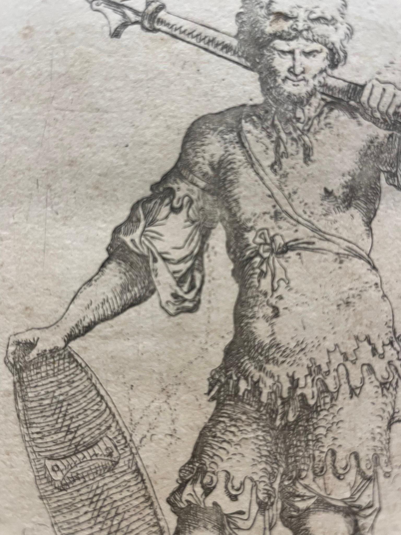 Salvator Rosa. Grabado original: Guerrero con  Maza y escudo. Siglo XVII. en venta 9