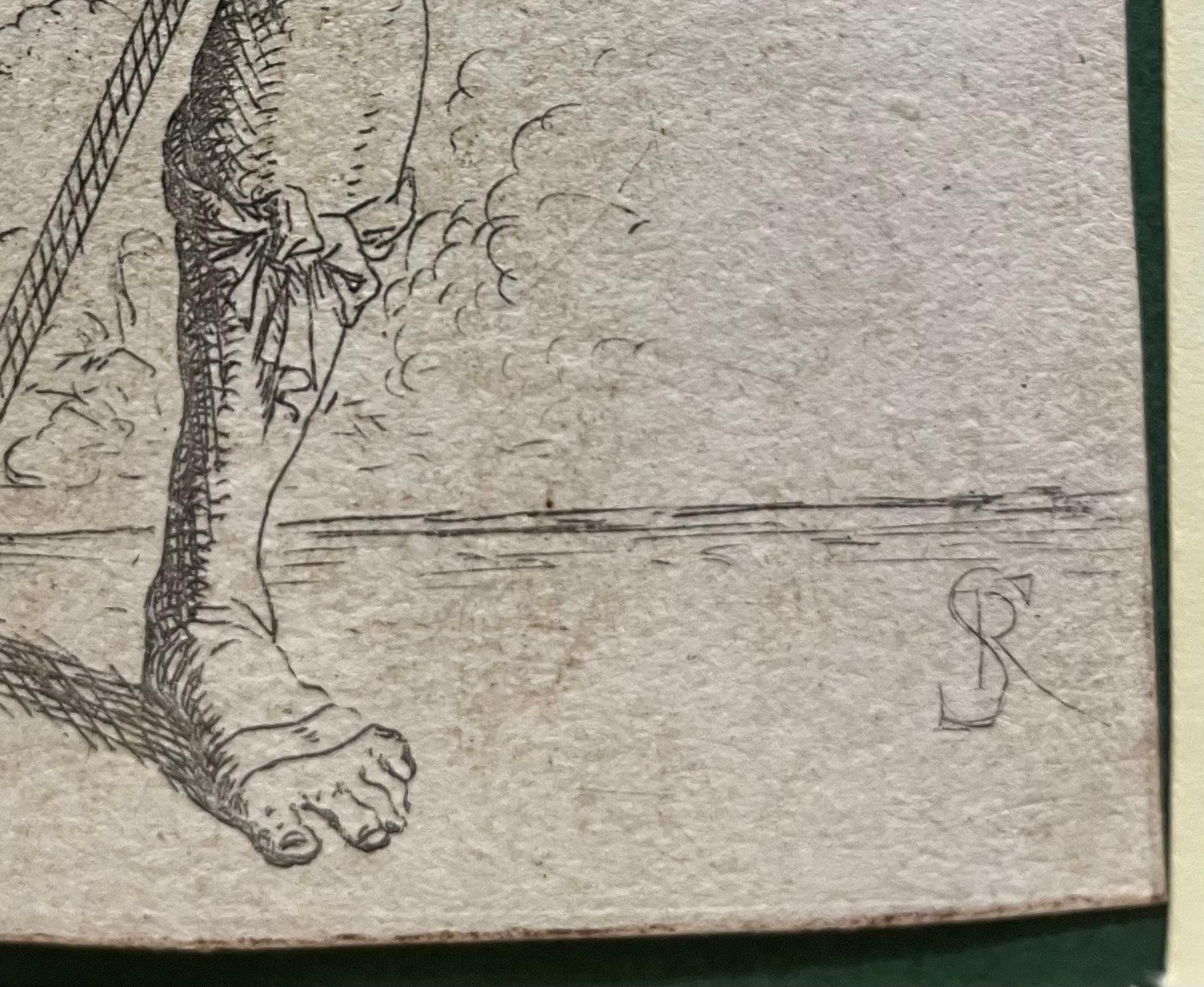 Salvator Rosa. Grabado original: Guerrero con  Maza y escudo. Siglo XVII. en venta 1