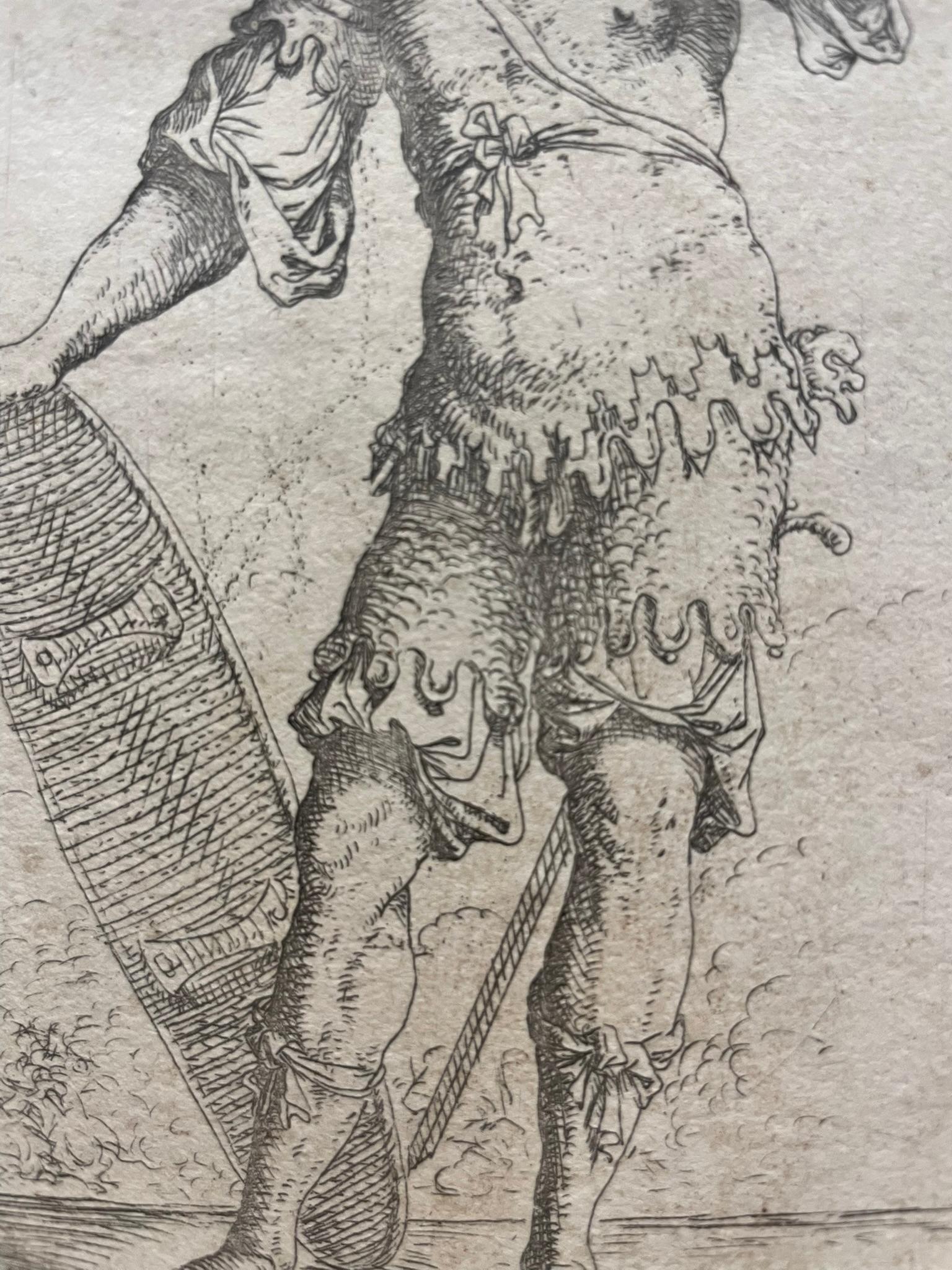 Salvator Rosa. Grabado original: Guerrero con  Maza y escudo. Siglo XVII. en venta 2