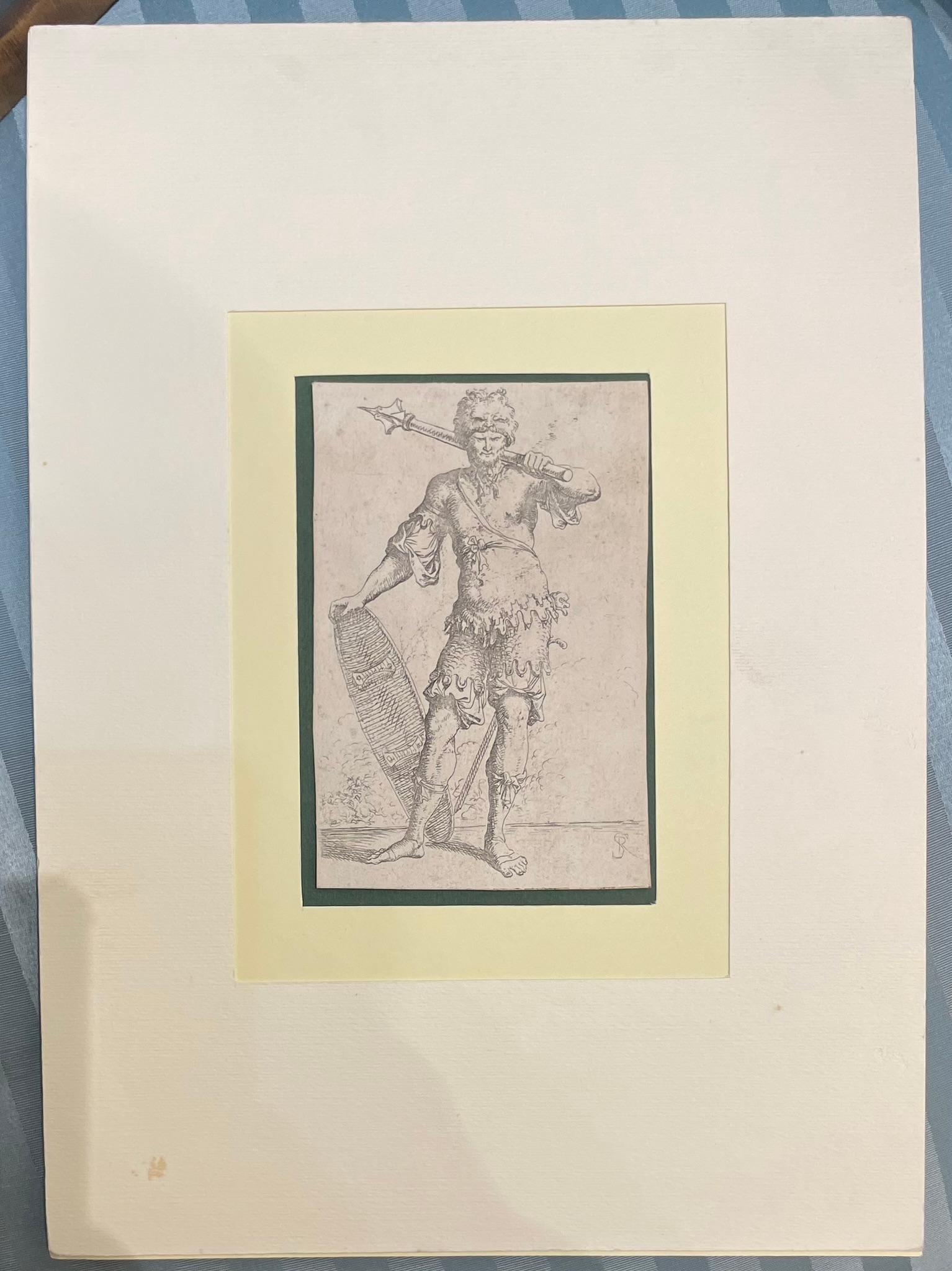 Salvator Rosa. Grabado original: Guerrero con  Maza y escudo. Siglo XVII. en venta 5