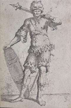 Salvator Rosa. Grabado original: Guerrero con  Maza y escudo. Siglo XVII.