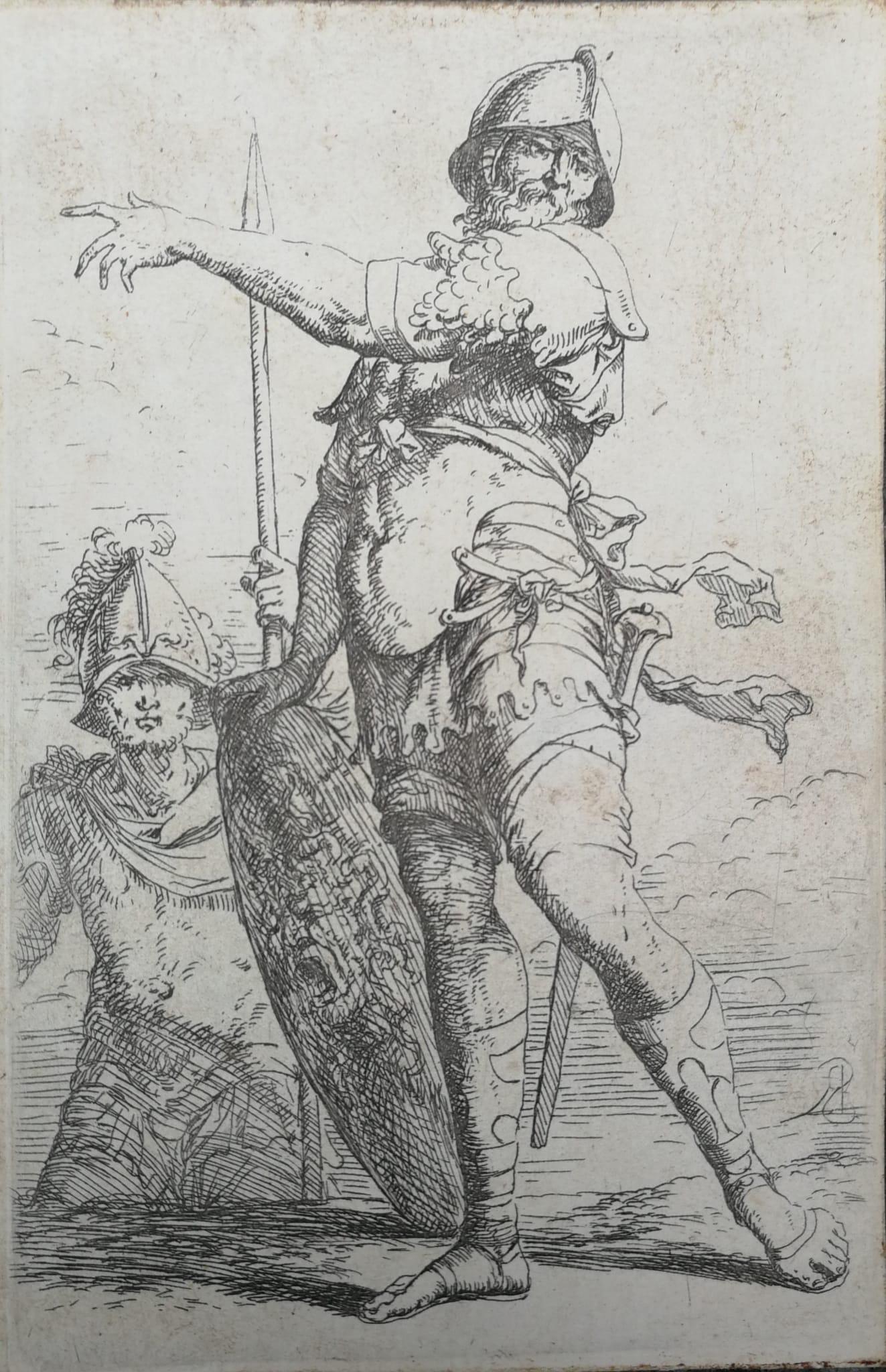 Original etching by Salvator Rosa (Naples 1615 – Rome 1673), from the celebrated Figurine series, depicting a soldier holding a shield adorned with the head of Medusa. Dated to the artist’s Florentine years (ca. 1656–1657), the plate bears the