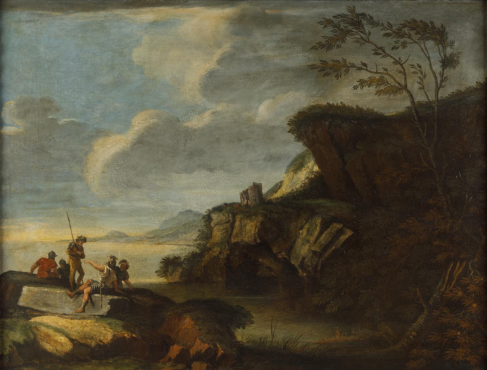 Oiled Salvator Rosa (follower of), Coastal Landscape with Armigers at Rest For Sale