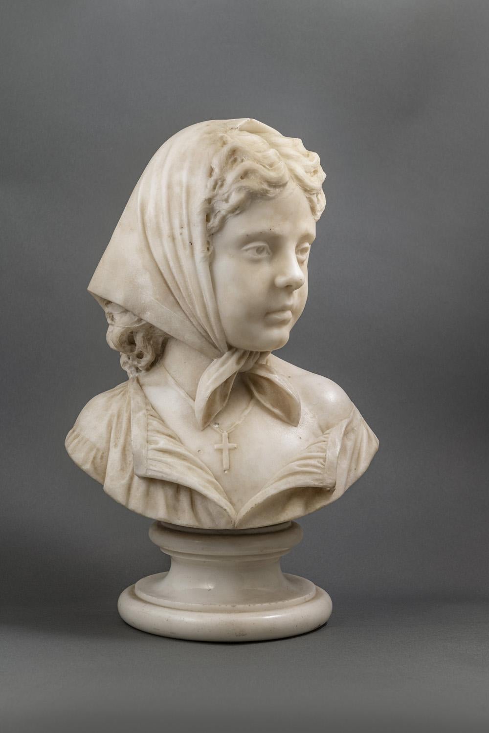 Scultura in marmo italiana ritratto di fanciulla religiosa del XIX secolo - Sculpture by Salvatore Albano
