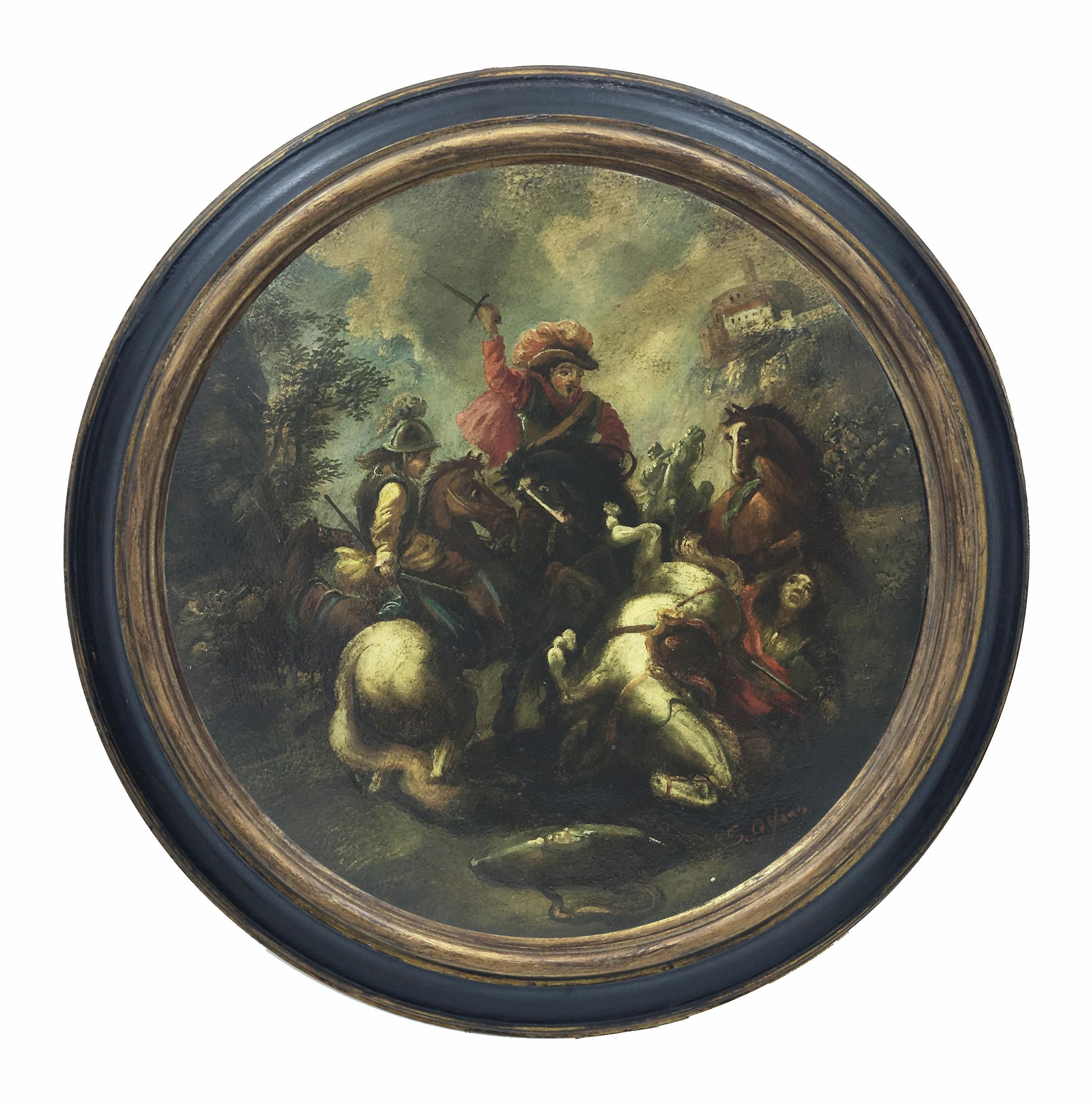 CAVALRY BATTLE - École napolitaine - Figuratif italienne Huile sur toile ronde