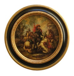CAVALRY BATTLE - Neapolitan School- Italian Figurative Oil on canvas round paint