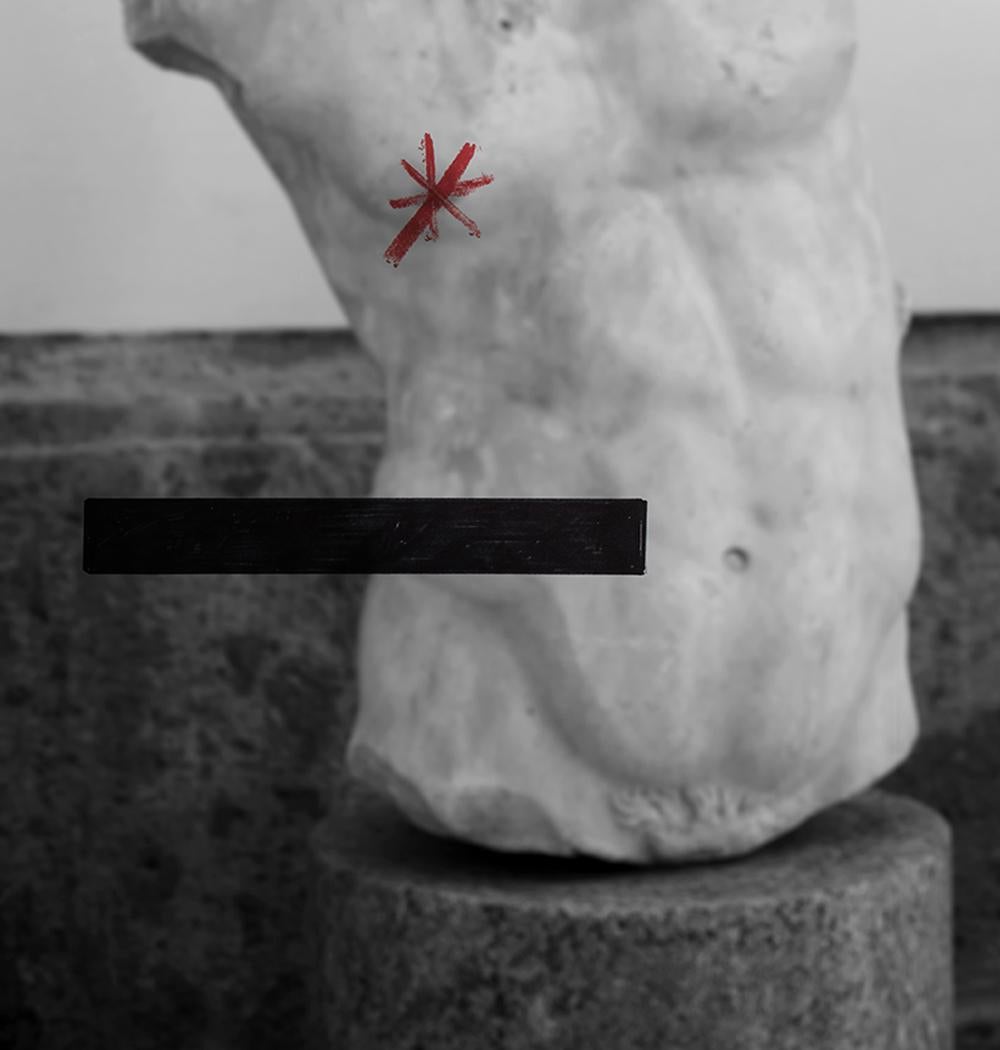 Untitled, Balance Series. Male torso sculpture. Digital Collage Color Photograph - Gray Figurative Photograph by Salvatore Arnone