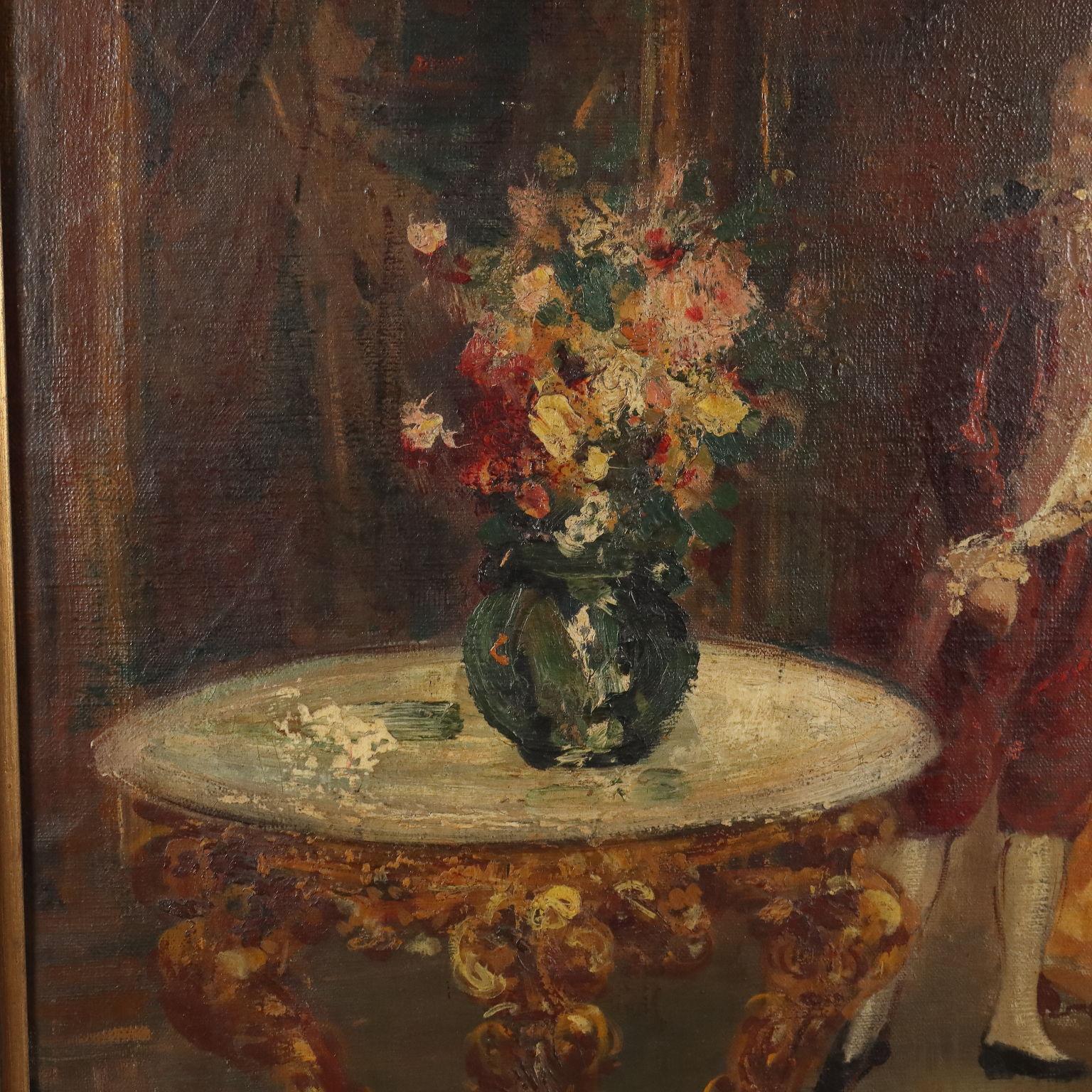 Óleo sobre lienzo. Firmado al pie y  arriba a la izquierda.
La escena se desarrolla en un rico salón aristocrático, donde se entretienen damas y caballeros, vestidos a la usanza del siglo XVIII.
Es obra del prolífico pintor napolitano Salvatore
