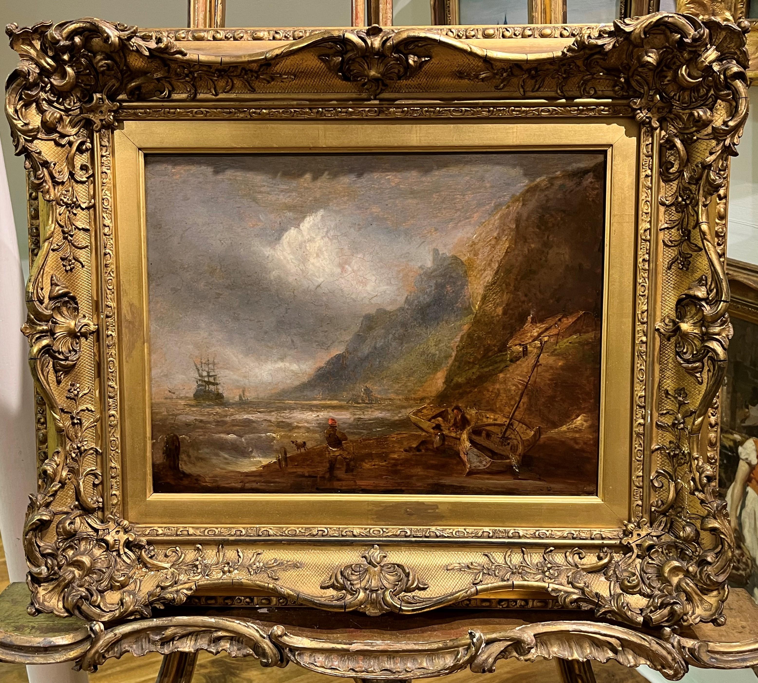 Landscape Painting di Salvatore Colacicco - FINE PITTURA AD OLIO "RARA SCENA NOTTURNA" DEL 19° SECOLO IN QUADRO Dorato