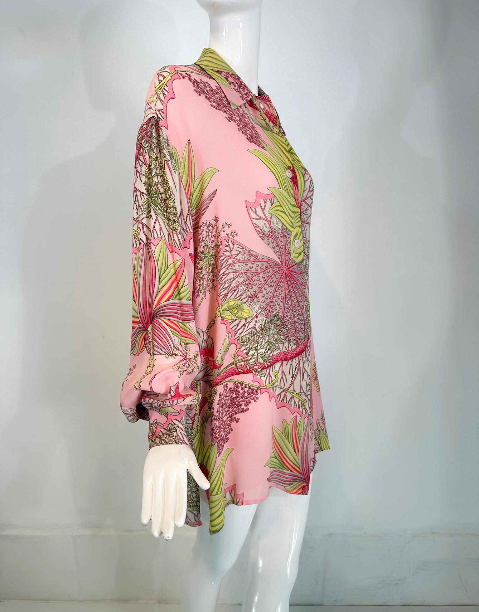 Salvatore Ferragamo 1990s Silk Crepe Tropical Foliage Oversize Blouse Tunic S For Sale 7