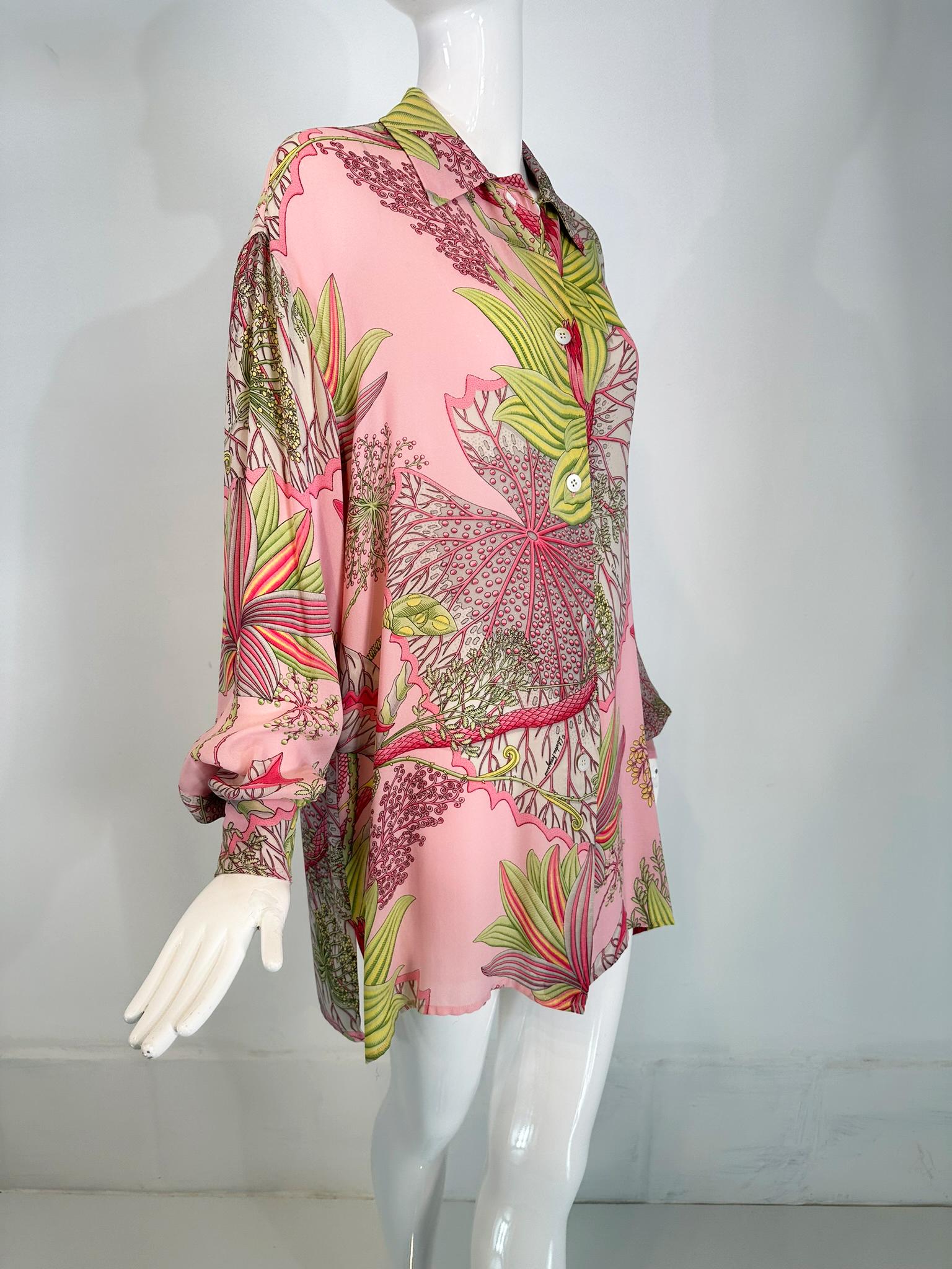Salvatore Ferragamo 1990s Silk Crepe Tropical Foliage Oversize Blouse Tunic S For Sale 8