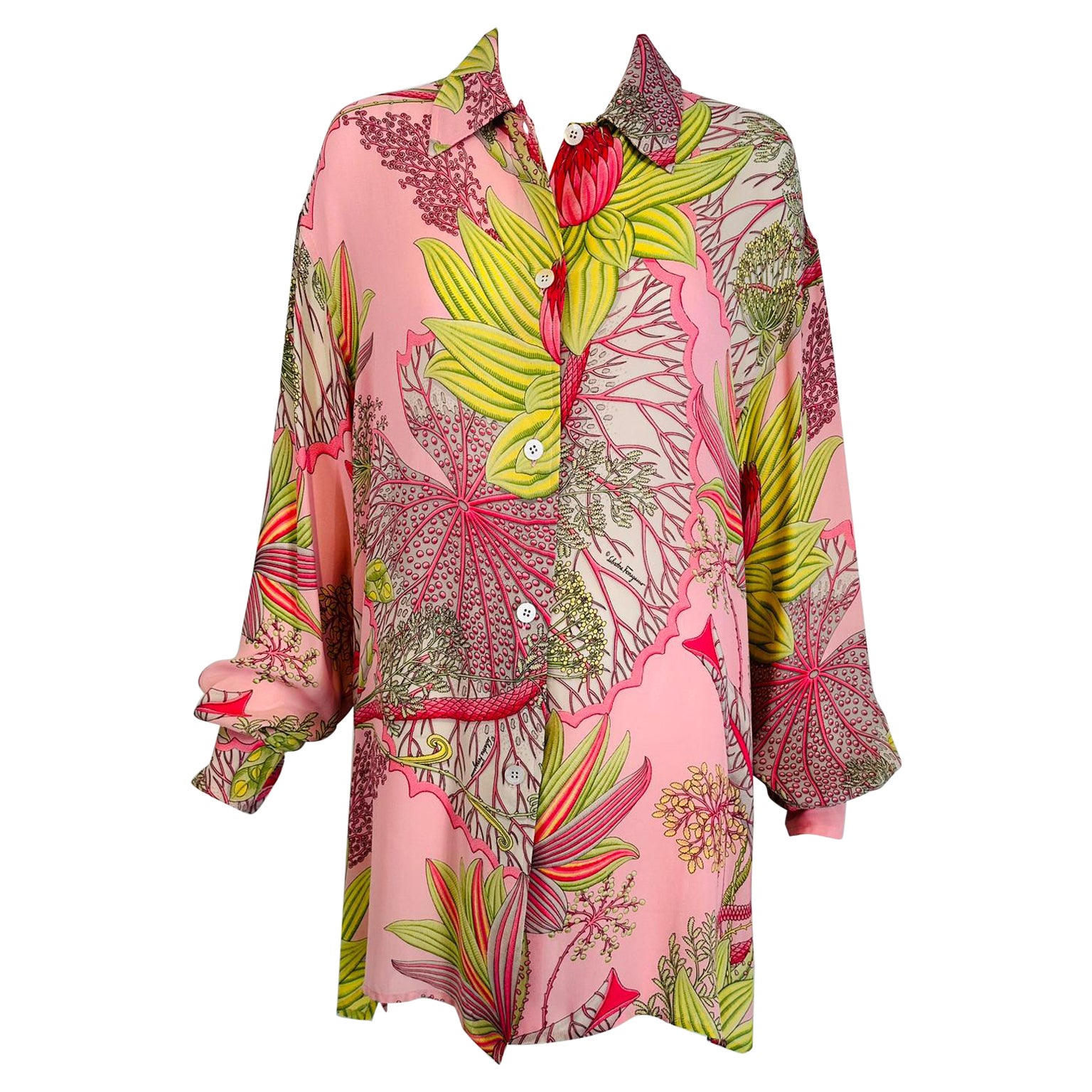 Salvatore Ferragamo 1990er Jahre Tropical Foliage Oversize Bluse Tunika aus Seidenkrepp S