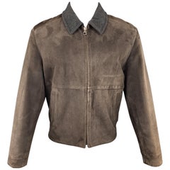 SALVATORE FERRAGAMO 38 Brown Suede Grey Collar Jacket
