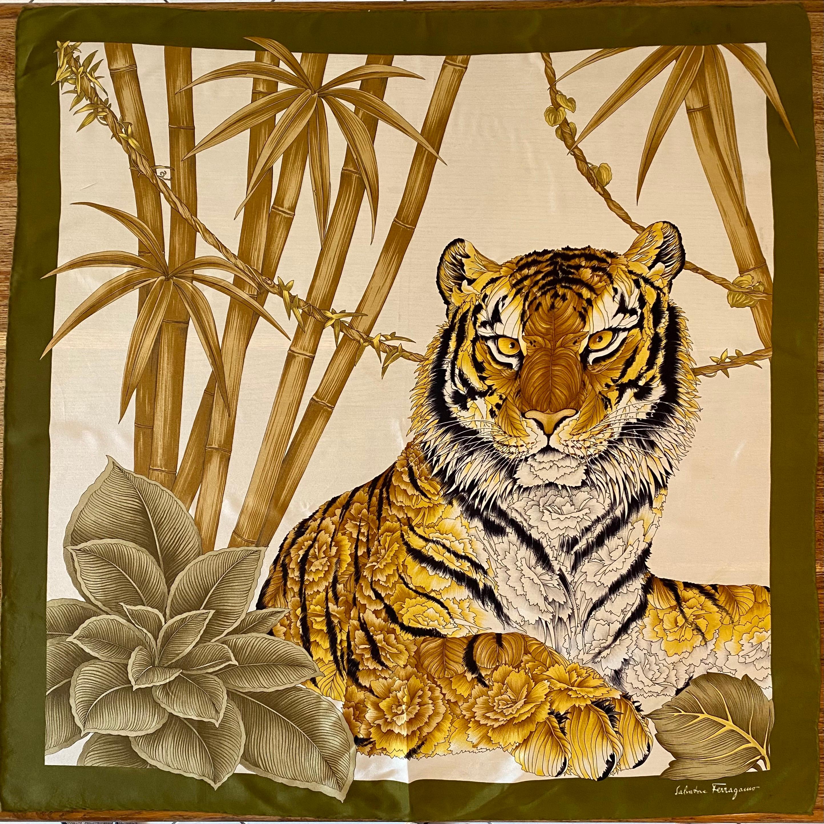 Salvatore Ferragamo Pre-Owned
80's print foulard. Finished hem.
Material: silk.
Print representing a tiger pattern, a technique well known by Salvatore Ferragamo to add an exotic touch. The result is elegant and vivid.
