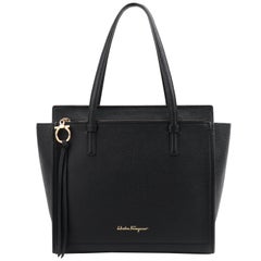 SALVATORE FERRAGAMO "Amy" Nero Calfskin Leather Gancini Zip Top Tote NWT