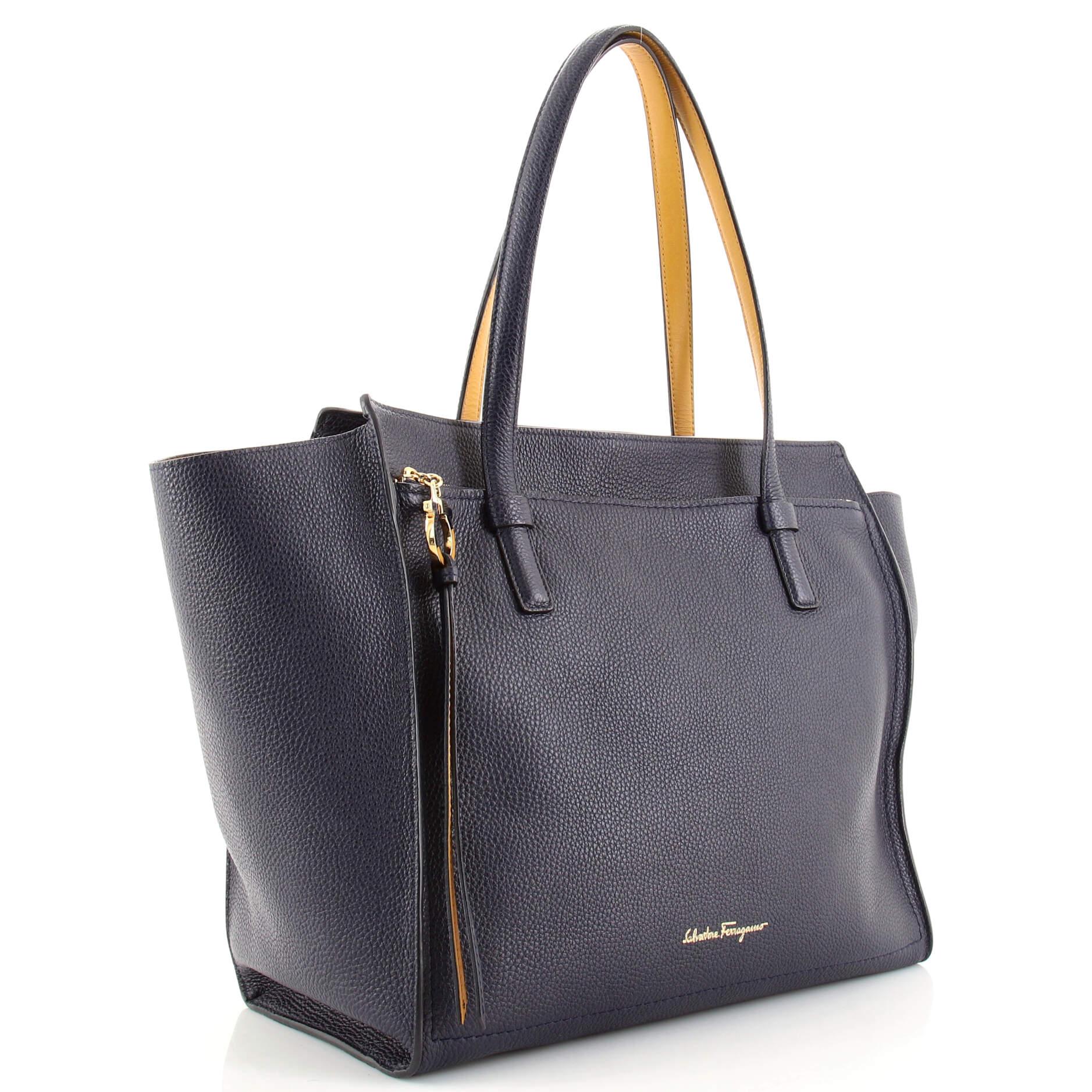 Black Salvatore Ferragamo Amy Tote Pebbled Leather Large