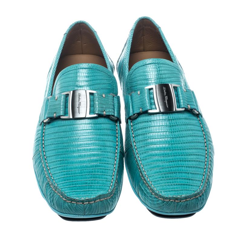 Salvatore Ferragamo Aqua Green Lizard Sardegna Loafers Size 44 In New Condition In Dubai, Al Qouz 2