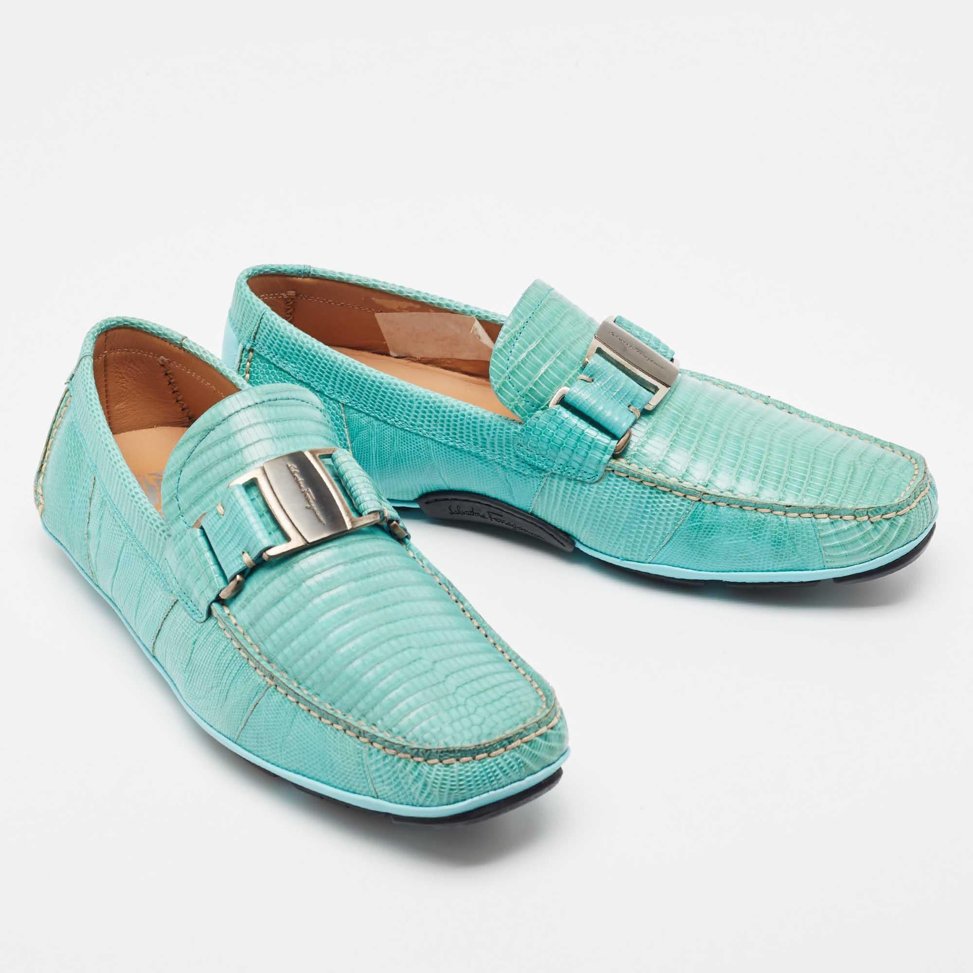 Salvatore Ferragamo Aqua Green Lizard Sardegna Slip On Loafers Size 41 In Good Condition In Dubai, Al Qouz 2