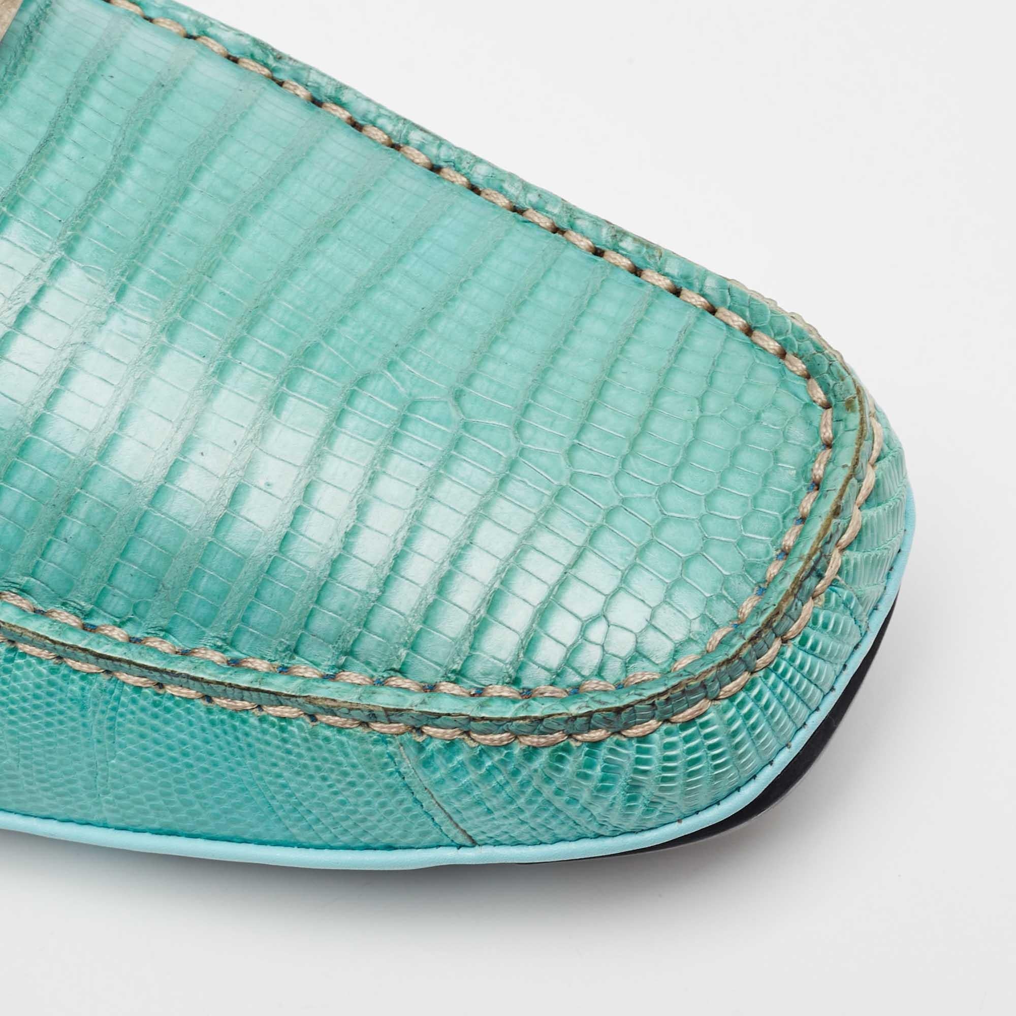 Salvatore Ferragamo Aqua Green Lizard Sardegna Slip On Loafers Size 41 For Sale 2