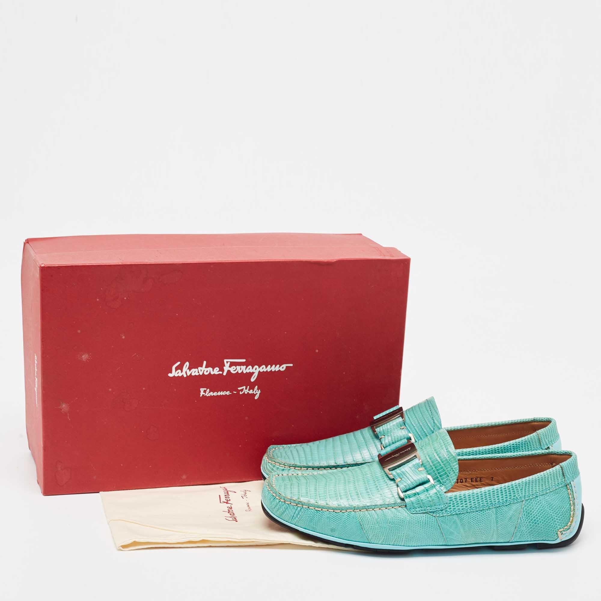 Salvatore Ferragamo Aqua Green Lizard Sardegna Slip On Loafers Size 41 5