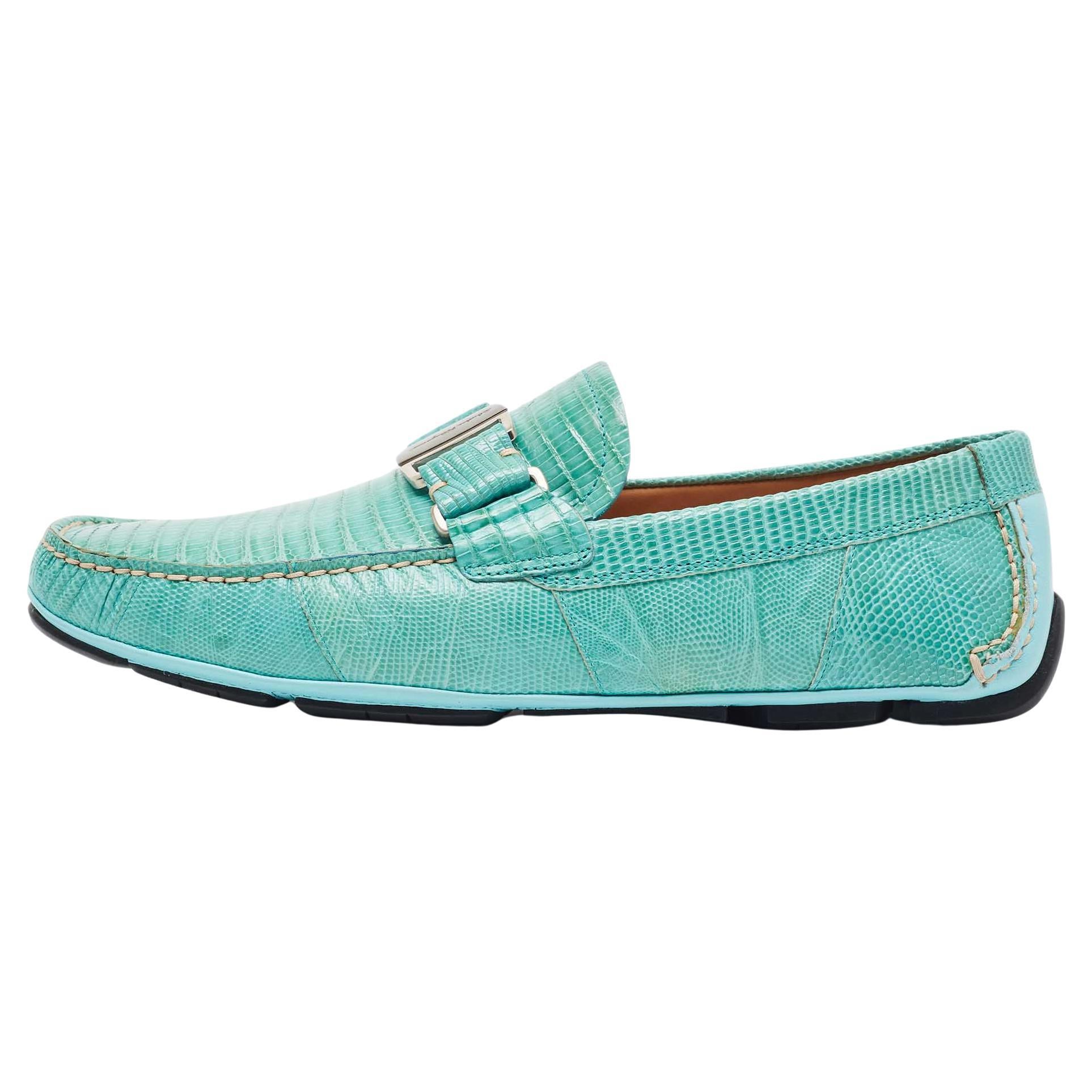 Salvatore Ferragamo Aqua Green Lizard Sardegna Slip On Loafers Size 41