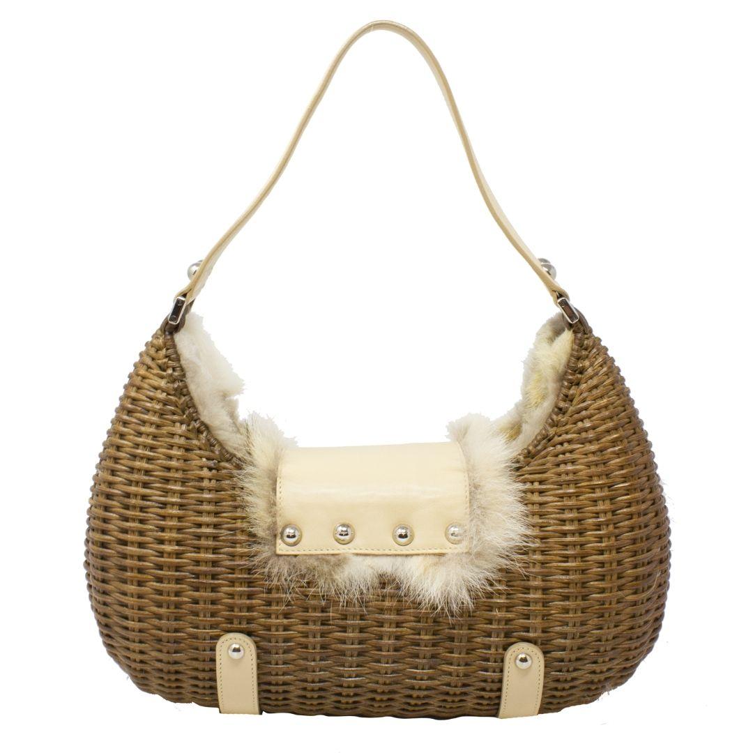 Brown Salvatore Ferragamo Basket Weave Fur Bag For Sale
