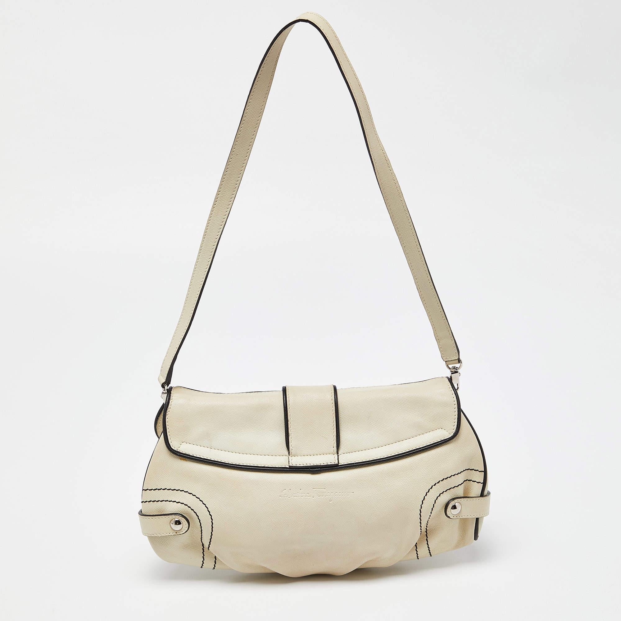 Women's Salvatore Ferragamo Beige/Black Leather Flap Shoulder Bag