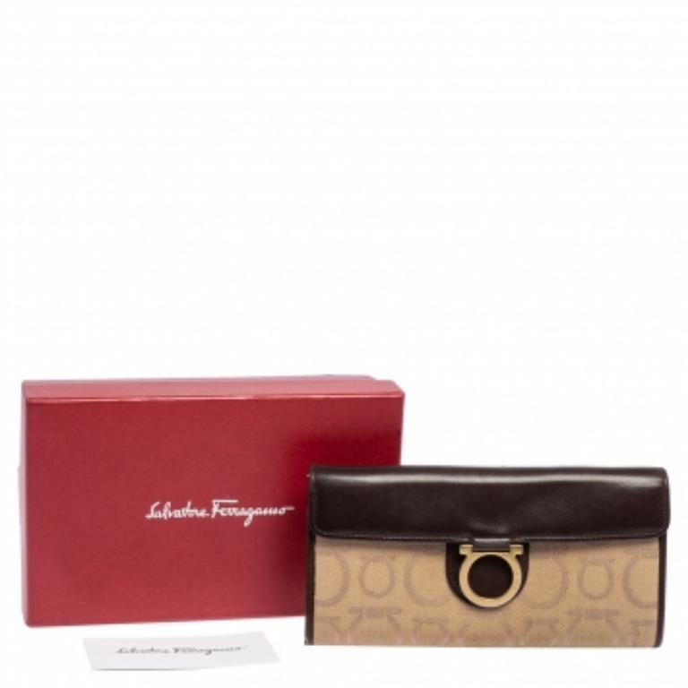 Portefeuille continental en toile et cuir Gancini beige/brun de Salvatore Ferragamo 6