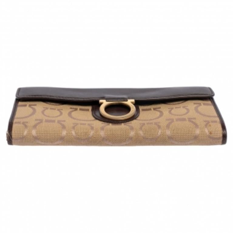 Noir Portefeuille continental en toile et cuir Gancini beige/brun de Salvatore Ferragamo