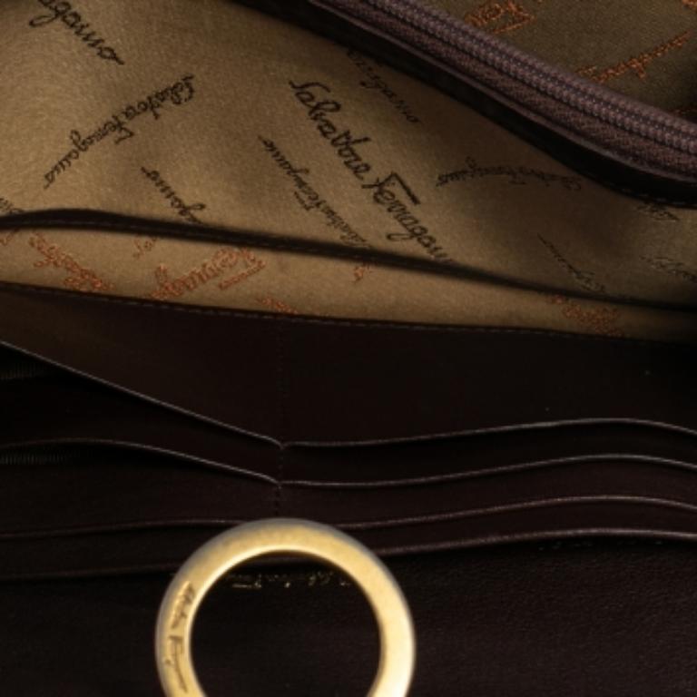 Portefeuille continental en toile et cuir Gancini beige/brun de Salvatore Ferragamo 3