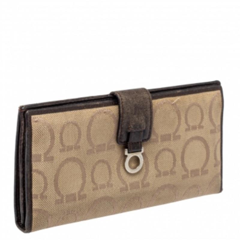 Salvatore Ferragamo Beige/Brown Gancini Canvas and Leather Wallet For Sale 1