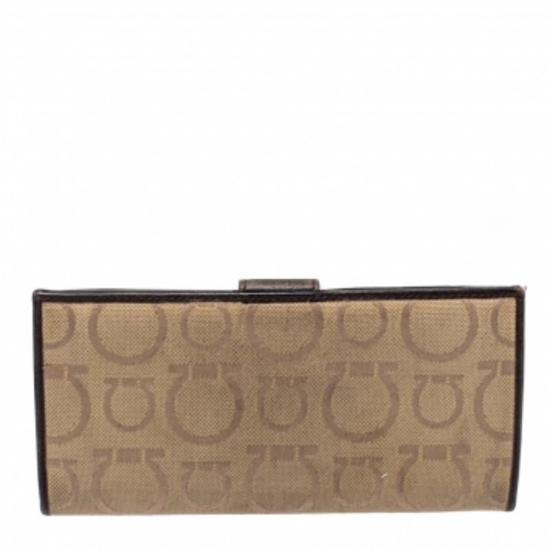 Salvatore Ferragamo Beige/Brown Gancini Canvas and Leather Wallet For Sale 2