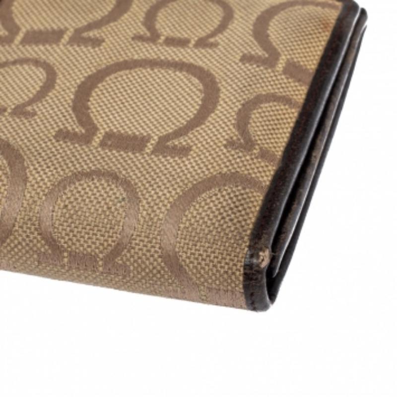 Salvatore Ferragamo Beige/Brown Gancini Canvas and Leather Wallet For Sale 4