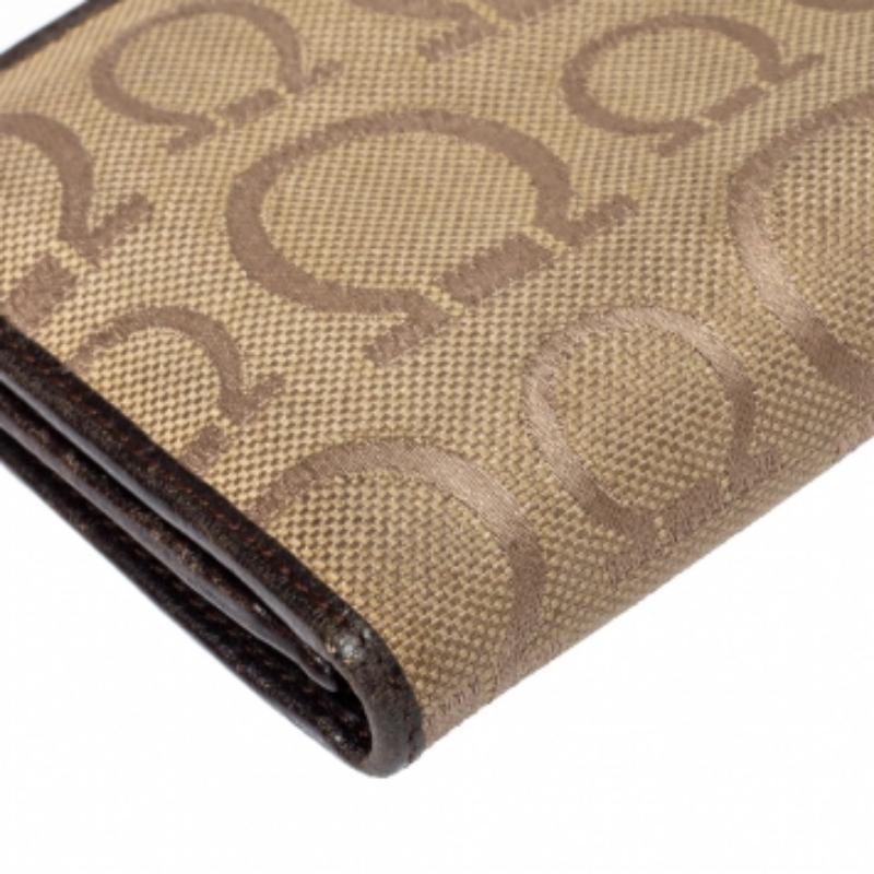 Salvatore Ferragamo Beige/Brown Gancini Canvas and Leather Wallet For Sale 5