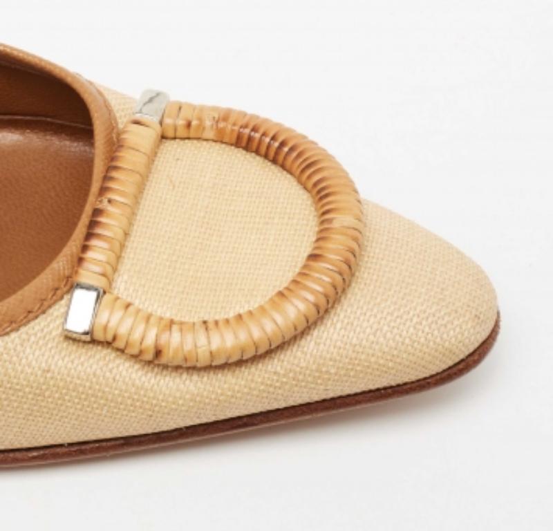 Salvatore Ferragamo Beige/Braun Gewebte Segeltuch und Leder Pumps Größe 37.5 im Angebot 3