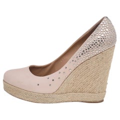 Salvatore Ferragamo Beige Embellished Leather Wedge Espadrille Pumps Size 38