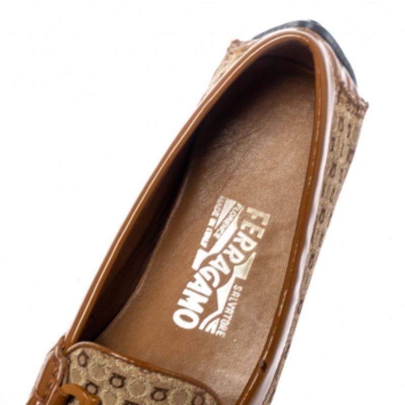 Salvatore Ferragamo Beige Gancini Canvas and Patent Leather Loafers Size 37.5 For Sale 1
