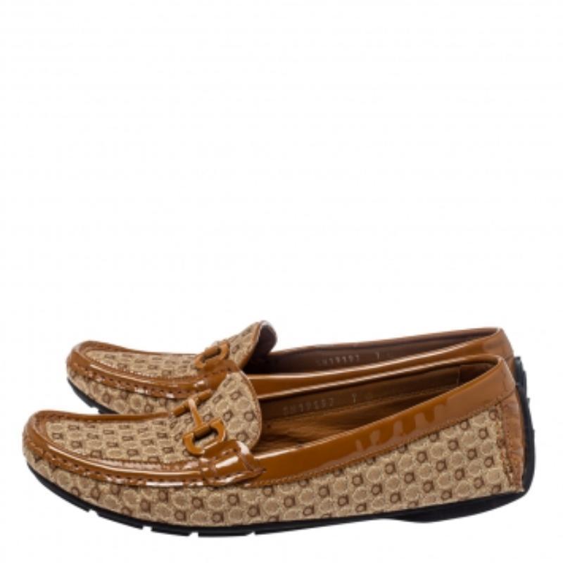 Salvatore Ferragamo Beige Gancini Canvas and Patent Leather Loafers Size 37.5 For Sale 2