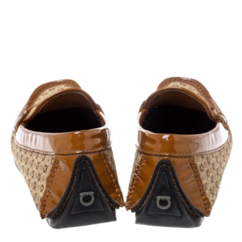 Salvatore Ferragamo Beige Gancini Canvas and Patent Leather Loafers Size 37.5 For Sale 3