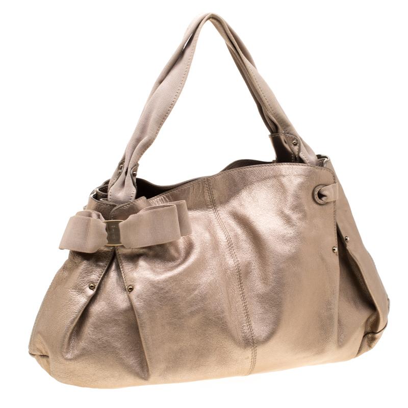 Women's Salvatore Ferragamo Beige Leather and Canvas Bow Hobo For Sale