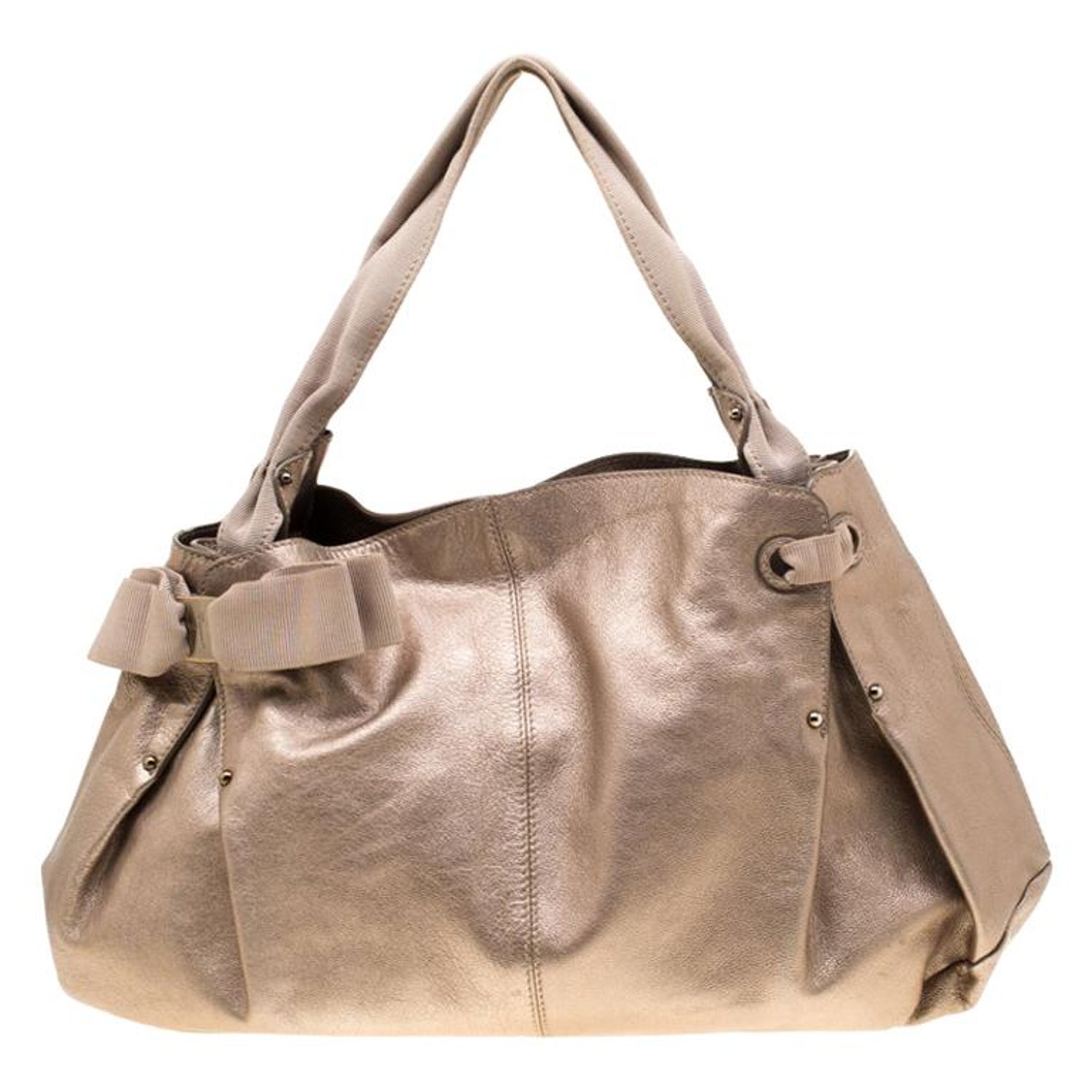 Salvatore Ferragamo Beige Leather and Canvas Bow Hobo For Sale at 1stDibs