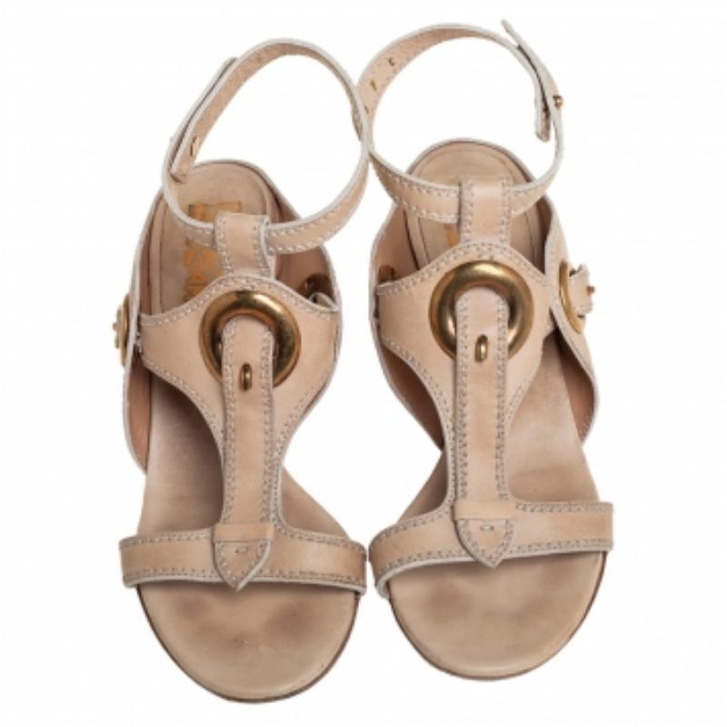 Women's Salvatore Ferragamo Beige Leather Block Heel Ankle Strap Sandals Size 37.5 For Sale