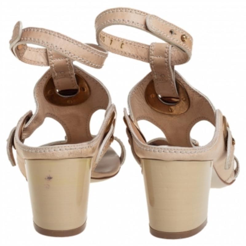 Salvatore Ferragamo Beige Leather Block Heel Ankle Strap Sandals Size 37.5 For Sale 1